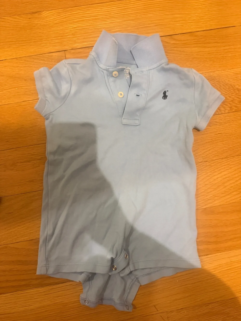 Ralph Lauren Light Blue Polo Romper with Navy Pony